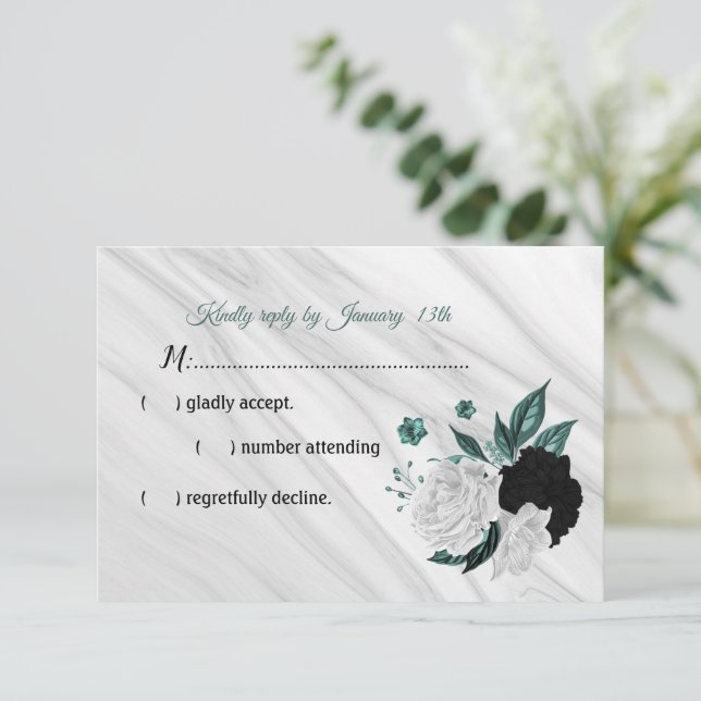Elegant black white and teal blue flowers RSVP car (Standing Front)