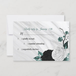 Elegant black white and teal blue flowers RSVP card
