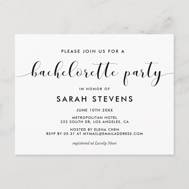 Elegant black white Bachelorette Party invitation Postcard (Front)