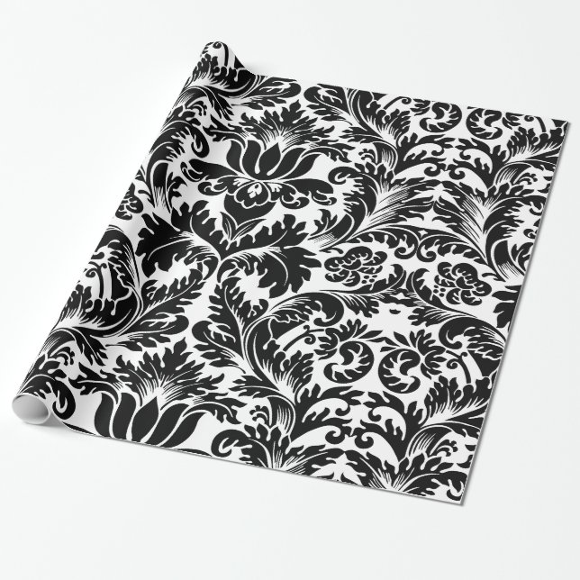 Elegant Black & White Baroque Damasks Pattern Wrapping Paper (Unrolled)