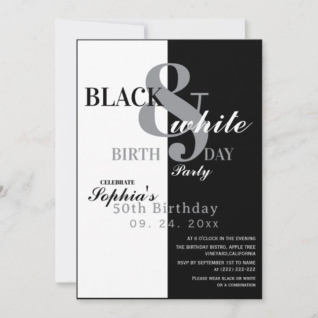 Elegant Black & White Birthday Party Invitation (Front)