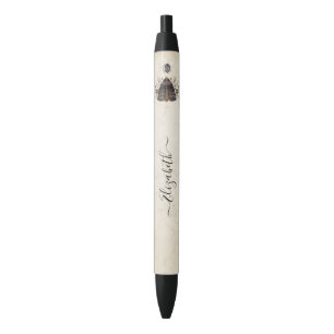 Elegant Black White Boho Floral Butterfly Moth Ink Pen