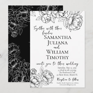 Elegant Black White Boho Floral Modern Wedding Invitation