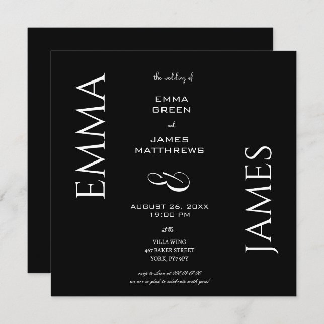Elegant Black & White Bold Script Wedding Square  Invitation (Front/Back)