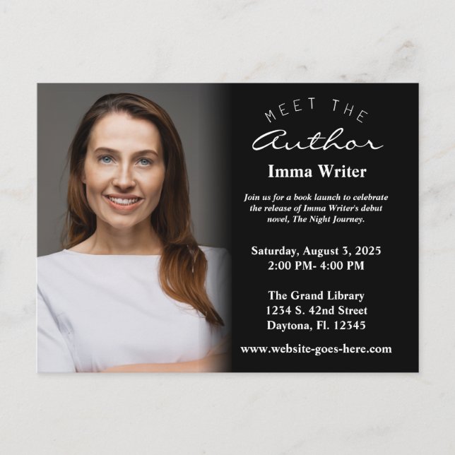 Elegant Black & White Book Launch Photo Invitation Postcard (Front)