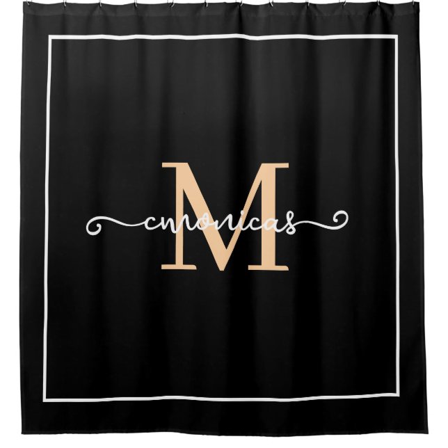 Elegant Black &white Bordar Script Monogram Name  Shower Curtain (Front)