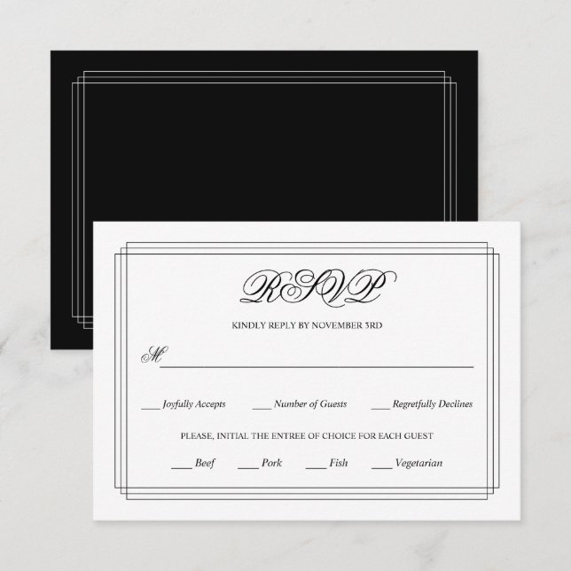 Elegant black, white border Old Money wedding RSVP Card (Front/Back)