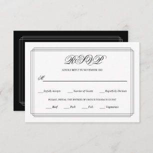 Elegant black, white border Old Money wedding RSVP Card