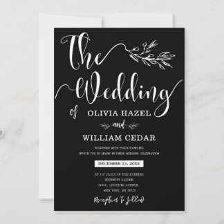 Elegant Black White Botanical Calligraphy Wedding  Invitation