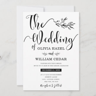 Elegant Black White Botanical Calligraphy Wedding  Invitation