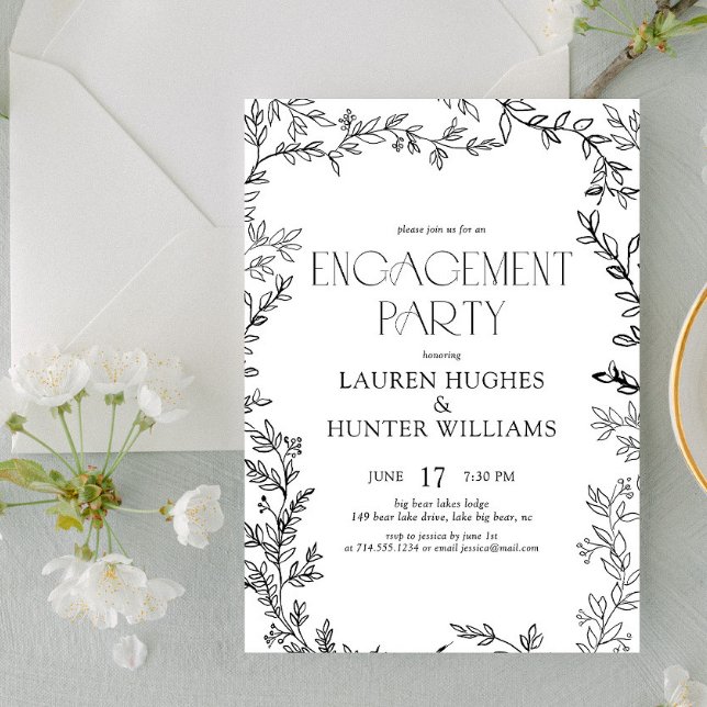 Elegant Black & White Botanical Engagement Party Invitation (Creator Uploaded)
