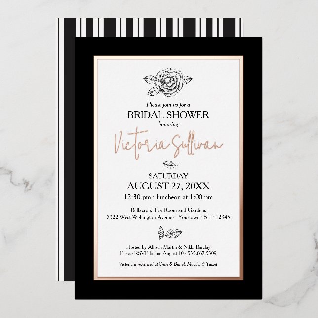Elegant Black & White Botanical Foil Invitation (Front/Back)