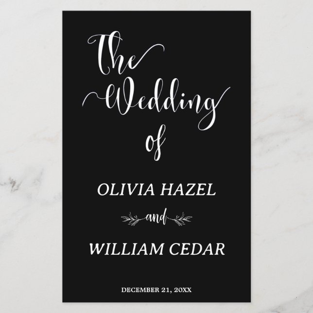 Elegant Black White Botanical Wedding Program (Front)