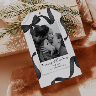 Elegant Black White Bow Photo Holiday Gift Tags