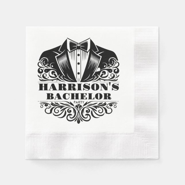 Elegant Black & White Bowtie Tuxedo Filigree Napkin (Front)