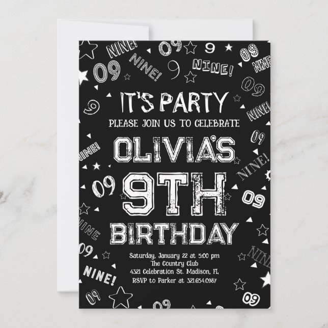 Elegant Black White Boy Number Nine Birthday Party Invitation (Front)