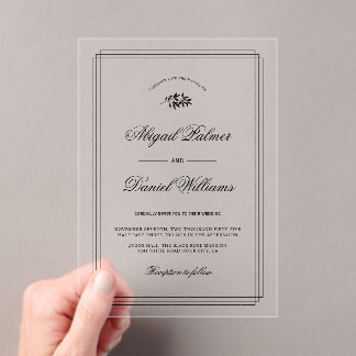 Elegant black, white branch and border wedding acrylic invitations