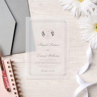 Elegant black, white branch and initials wedding vellum invitations
