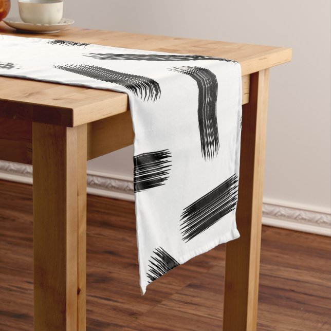 Elegant Black & White Brushstroke Pattern Short Table Runner (In Situ)