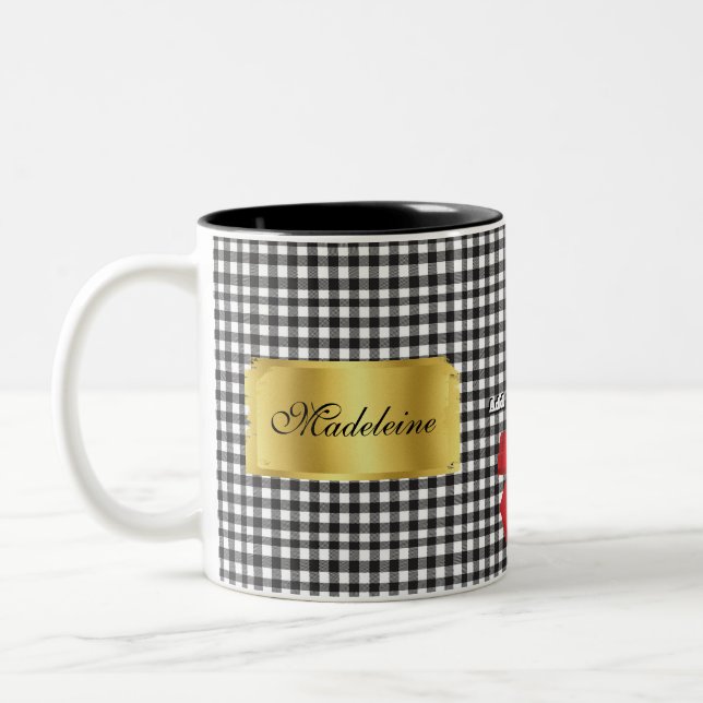 Elegant Black & White Buffalo Plaid Monogram Gold Two-Tone Coffee Mug (Left)