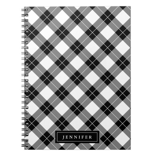 Elegant Black & White Buffalo Plaid Pattern Notebook (Front)