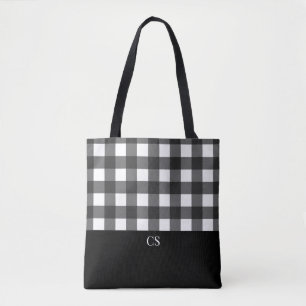 Elegant Black White Buffalo Plaid with Monogram Tote Bag