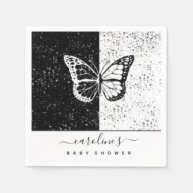 Elegant Black & White Butterfly Baby Shower Dotted Napkin (Front)