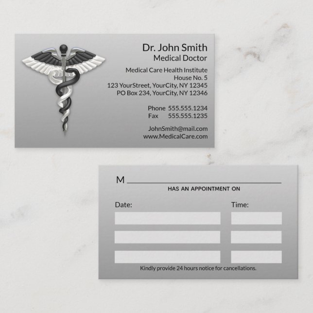 Elegant Black White Caduceus Classy Noble Medical Appointment Card (Front/Back)