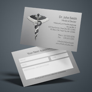 Elegant Black White Caduceus Medical Reminder Appointment Card