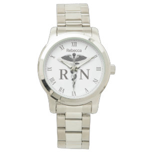 Elegant Black White Caduceus Registered Nurse RN Watch