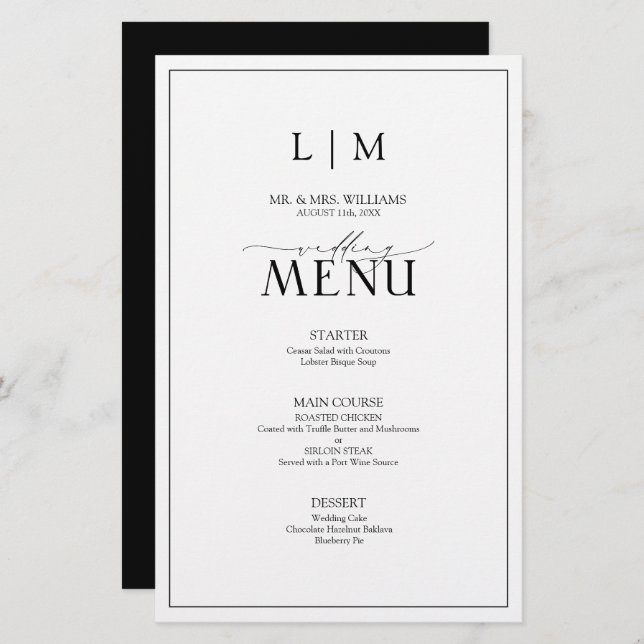 Elegant Black & White Calligraphy Monogram Menu (Front/Back)