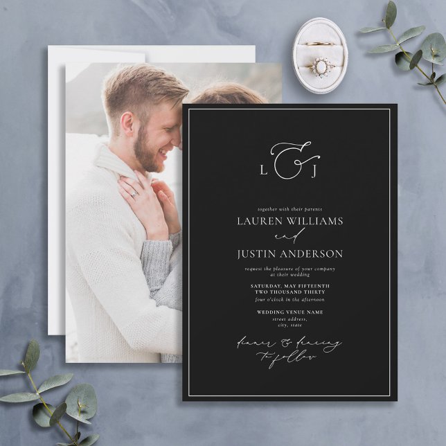 Elegant Black White Calligraphy Monogram Photo Invitation (Creator Uploaded)