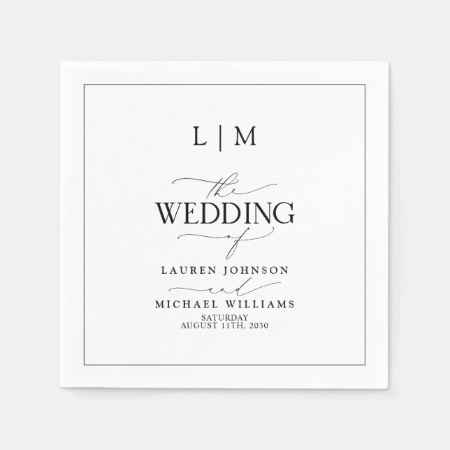Elegant Black & White Calligraphy Monogram Wedding Napkin (Front)