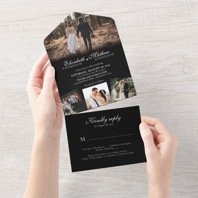 Elegant Black White Calligraphy Photo Wedding All In One Invitation (Tearaway)