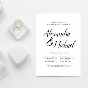 Elegant Black & White Calligraphy Rehearsal Dinner Invitation