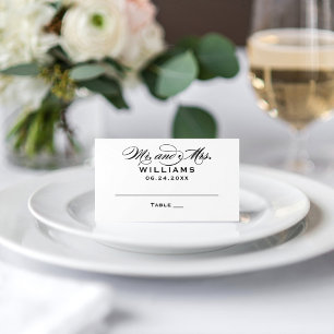 Elegant Black White Calligraphy Wedding Monogram Place Card