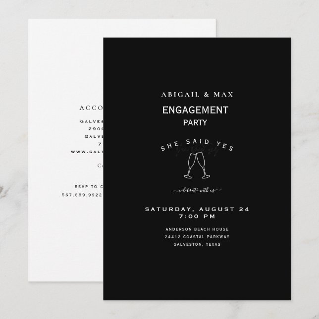Elegant Black & White Champagne Toast Engagement  Invitation (Front/Back)