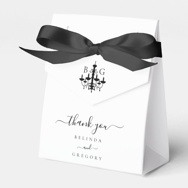 Elegant Black White Chandelier Monogram Wedding Favour Box (Front Side)