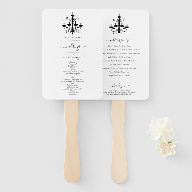 Elegant Black White Chandelier Monogram Wedding Hand Fan (Front and Back)