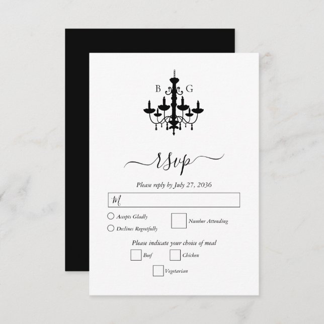 Elegant Black White Chandelier Monogram Wedding RSVP Card (Front/Back)