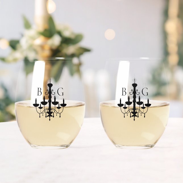 Elegant Black White Chandelier Monogram Wedding Stemless Wine Glass (Insitu (Wedding))