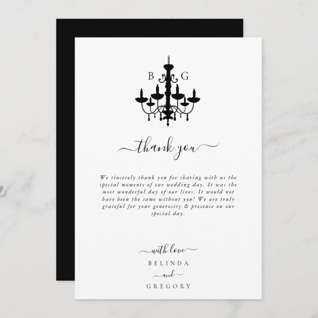 Elegant Black White Chandelier Monogram Wedding Thank You Card (Front/Back)