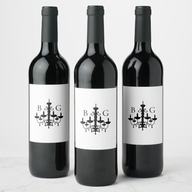 Elegant Black White Chandelier Monogram Wedding Wine Label (Bottles)