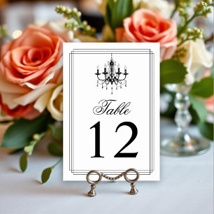 Elegant black, white chandelier Old Money wedding  Table Number