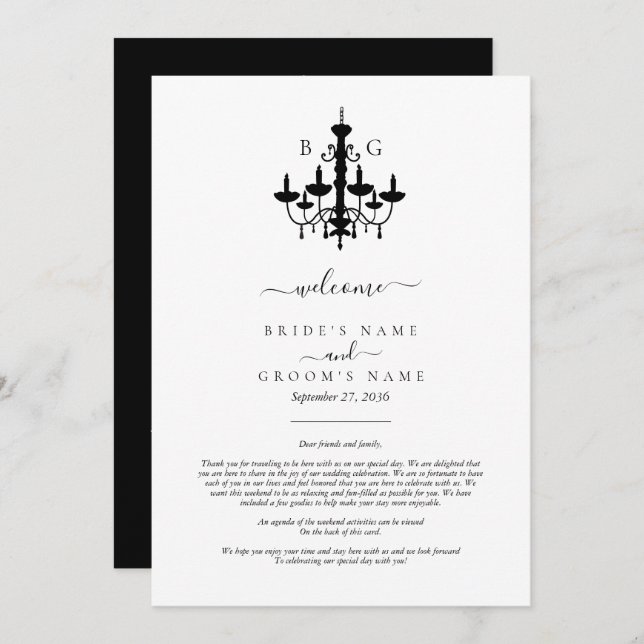 Elegant Black White Chandelier Wedding Itinerary (Front/Back)