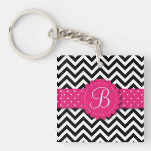 Elegant Black White Chevron Monogram Girly Pink Key Ring
