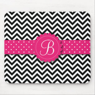 Elegant Black White Chevron Monogram Girly Pink Mouse Pad