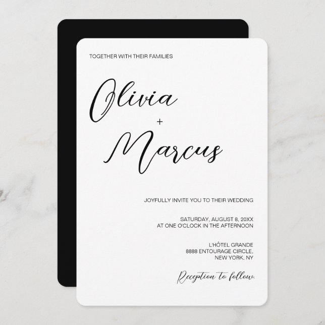 Elegant Black white Chic Script Wedding Entourage Invitation (Front/Back)