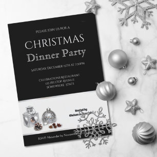 Elegant Black White Christmas Dinner Party Invitation
