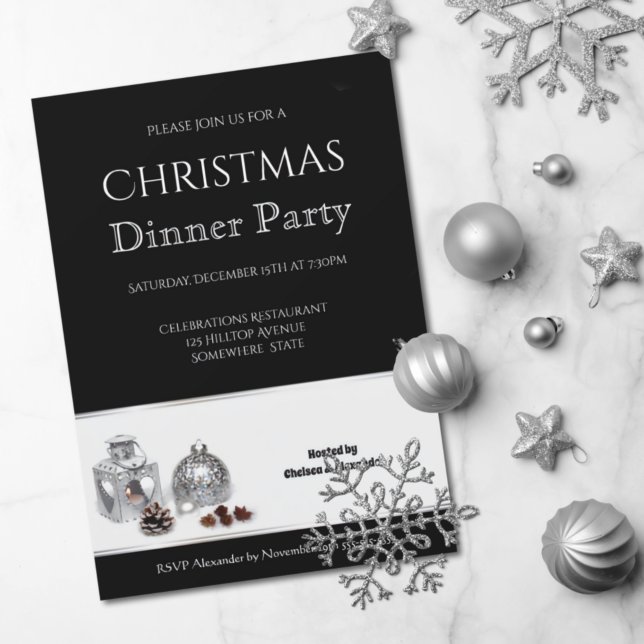 Elegant Black White Christmas Dinner Party Invitation (Creator Uploaded)